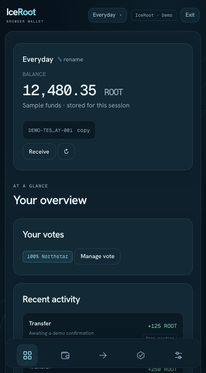 Browser wallet on a narrow screen, showing the Everyday sample balance, current vote, and bottom navigation.