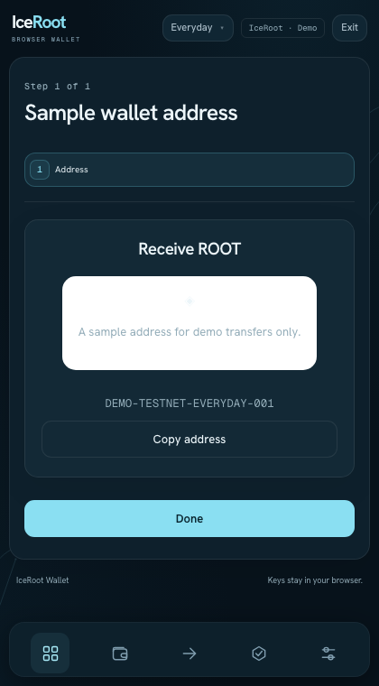 Browser wallet receive page showing the full Everyday sample address and Copy address button.