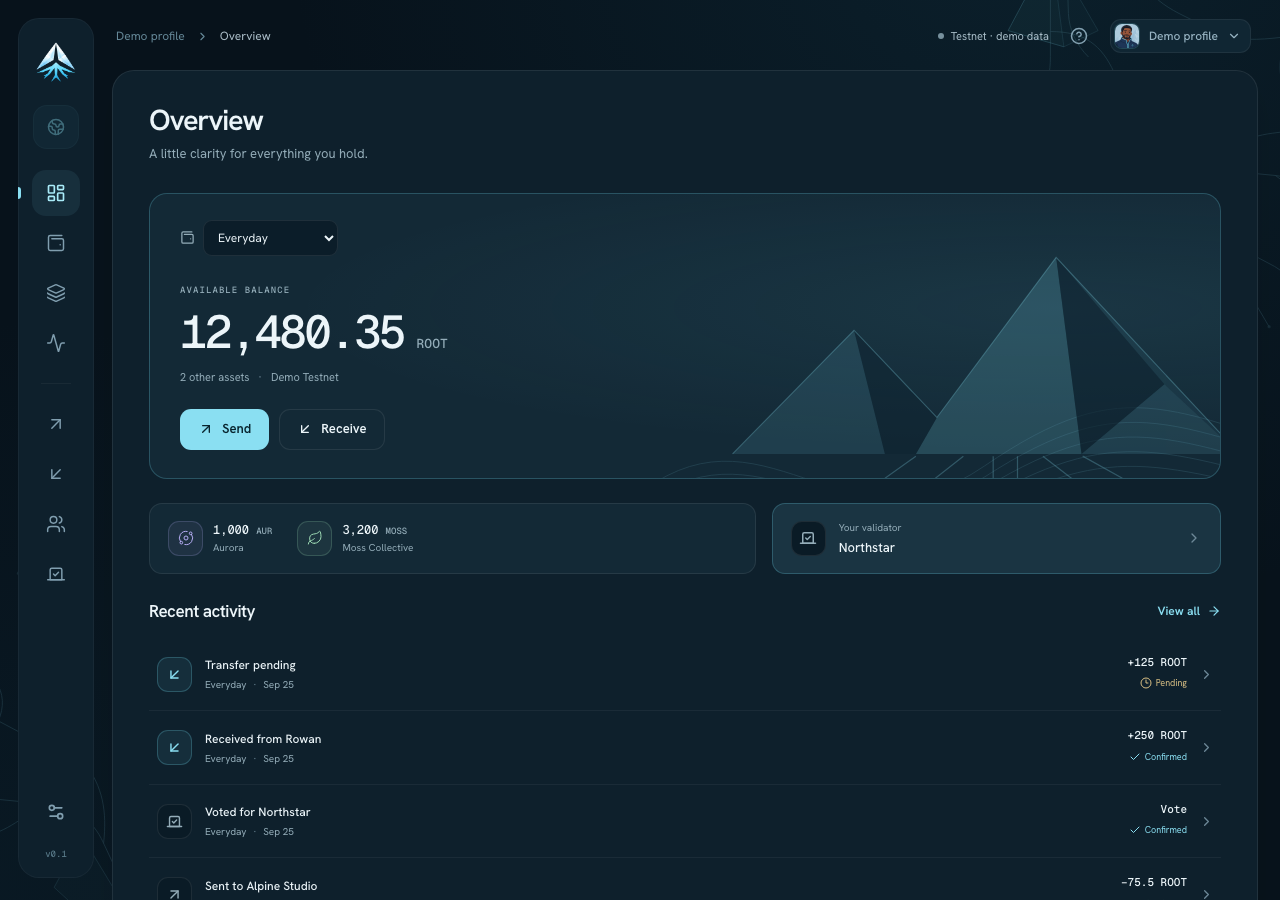 IceRoot desktop wallet overview with the Everyday sample wallet, assets, recent activity, and the sidebar.