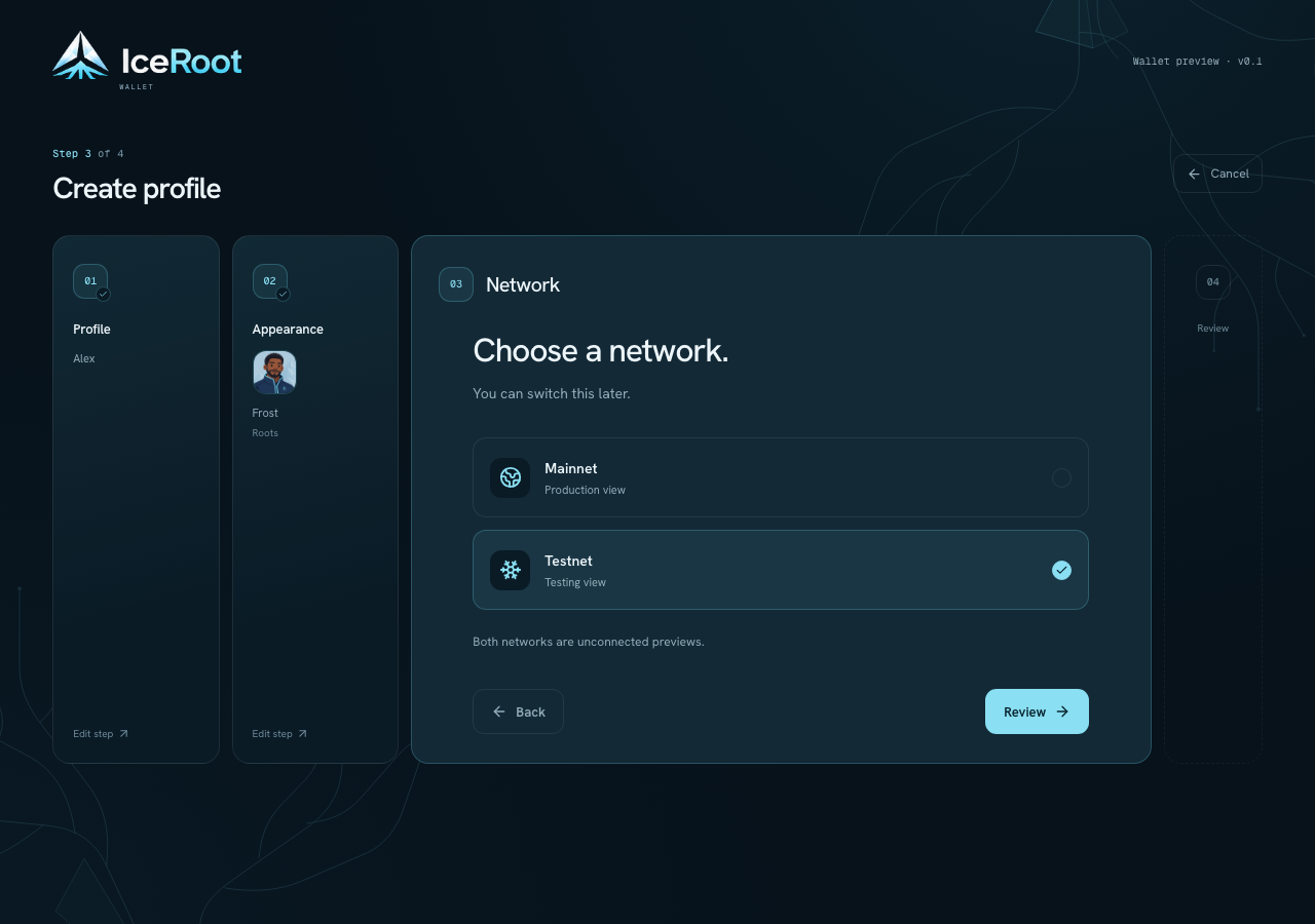 Desktop profile setup showing the completed Profile and Appearance steps beside the Mainnet and Testnet choices.