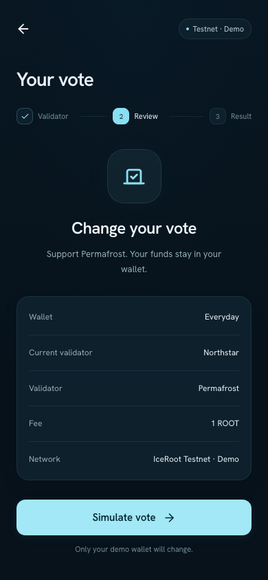 Mobile vote review comparing Northstar with Permafrost and showing the wallet, sample fee, and network before confirmation.
