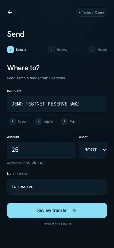 Transfer Details step with the Reserve sample address, an amount of 25 ROOT, and an optional note.