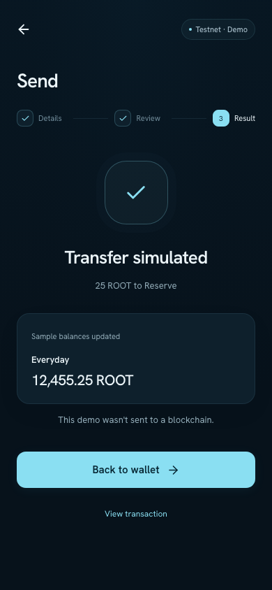 Transfer Result step stating Transfer simulated and displaying the updated Everyday sample balance.