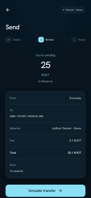 Transfer Review step showing 25 ROOT to Reserve, the full destination address, a 0.1 ROOT sample fee, and a total of 25.1 ROOT.