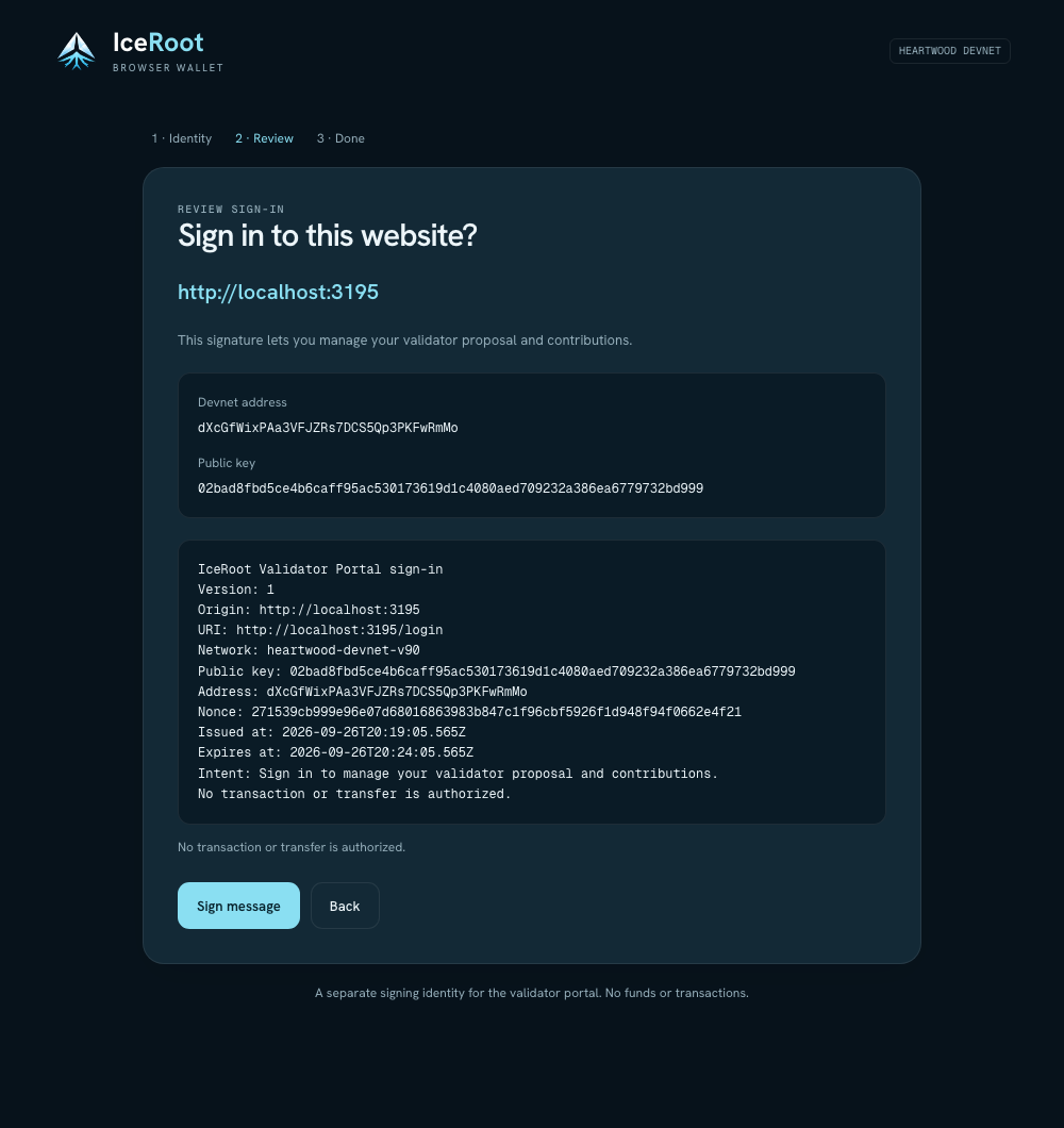 Wallet approval page displaying the local validator portal origin, public identity, full sign-in challenge, and Sign message button.