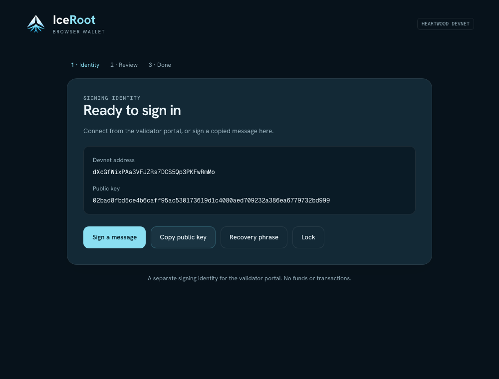 Signing identity page showing a public devnet address and public key, with Sign a message and Copy public key actions.